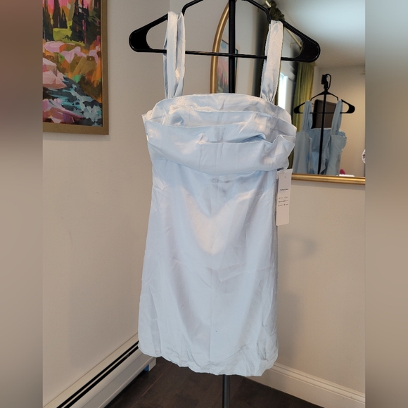 Wear Your Love Dresses & Skirts - NWT Wear Your Love Light Blue Satin Off Shoulder Mini Dress Clear Straps Size 4